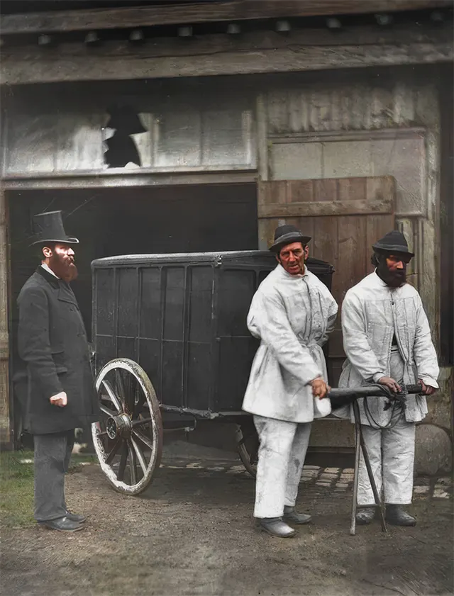 Public disinfectors sanitize the streets after an outbreak of smallpox, 1890s.