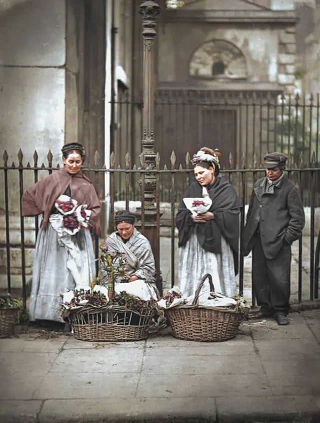 Flower sellers near Covent Garden in London, 1890s.