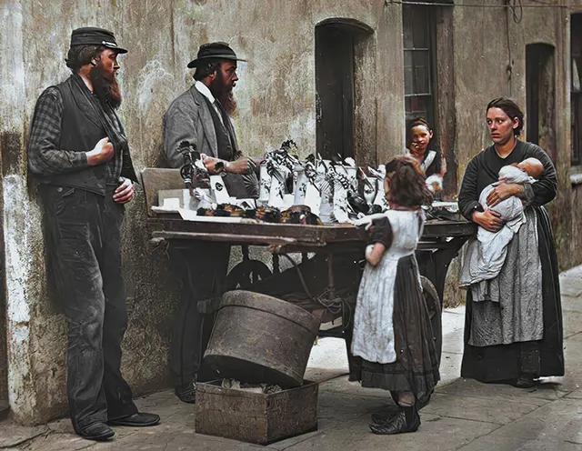 Street vendors selling "fancy" goods, 1890s.