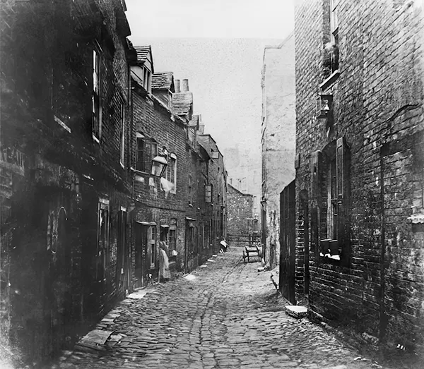 Once known as Lambeth Marsh, the area became a slum in the 19th century. This photograph, from 1860, shows Fore Street.