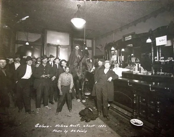 A saloon in Helena, Montana, circa 1890 – complete with a horse and rider.