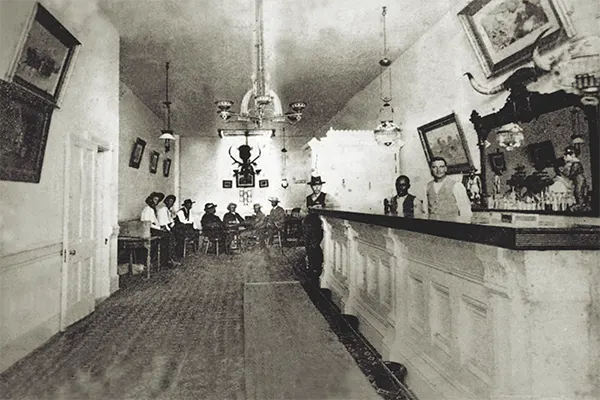 The interior of the Long Branch Saloon in Dodge City, Kansas.