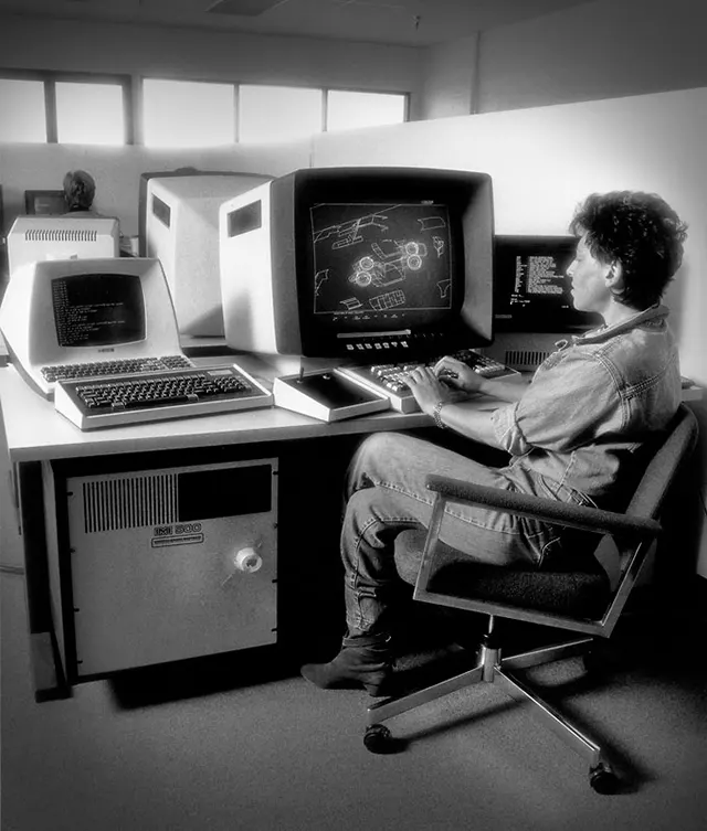 Shelley Lake working on computer graphics at Digital Productions, 1983.