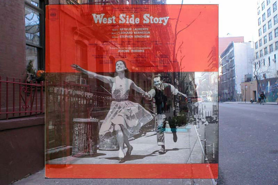 Here’s the cover of 'West Side Story', the 1957 Leonard Bernstein musical, superimposed on the street as it looks tonight, tonight.