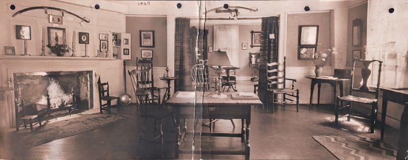 Panoramic photograph of the current "green room", or front center room, of the Allis-Bushnell House, 1929