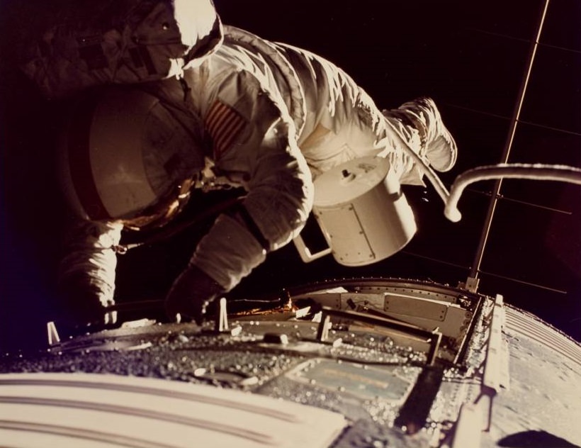 Apollo 17 Astronaut Evans Retrieves Film Canister During Space Walk