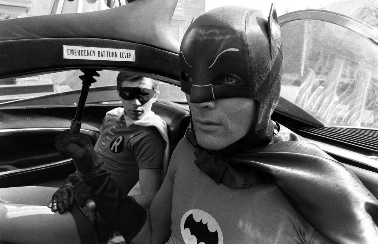 Adam West (Batman) and Burt Ward (Robin) on the set of Batman, 1966.