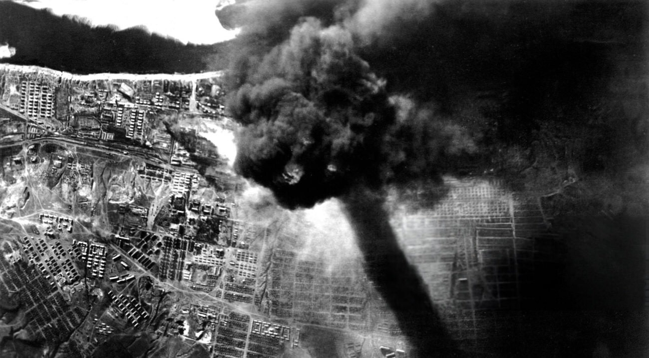 A view of smoke clouds in Stalingrad from a fire set off by German bombing, 1942.