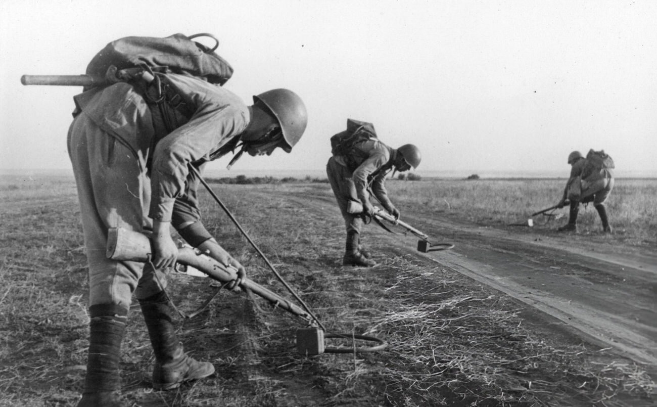 Russian sappers searching for mines near Stalingrad, 1942.