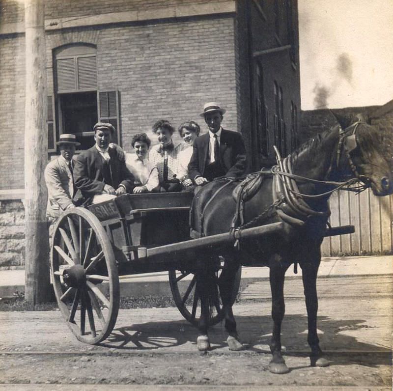 Three couples in a cart, possibly in Goderich or Blyth area of Huron County, Ontario