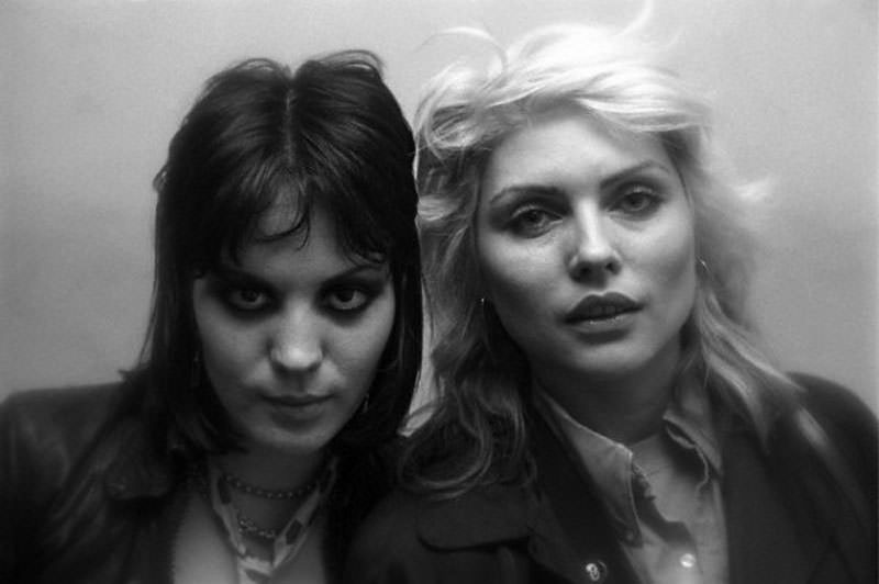 Joan Jett and Debbie Harry of Blondie backstage at the Tower Theatre in Philadelphia, PA at a gig featuring The Runaways, The Ramones & The Jam