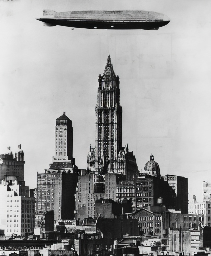 A German zeppelin appears to float above the Woolworth Building in 1928