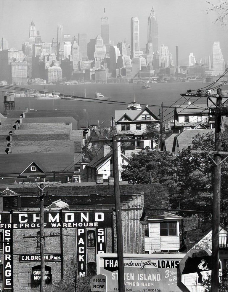 Lower Manhattan and beyond as seen from the rooftop of a building on Staten Island, 1946