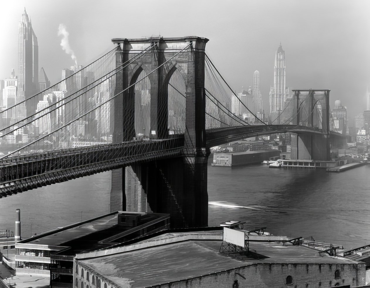 The Brooklyn Bridge arches toward Lower Manhattan, 1948