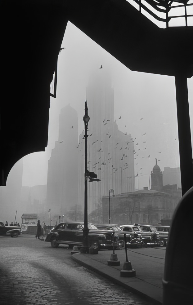 Lower Manhattan in the fog, 1950