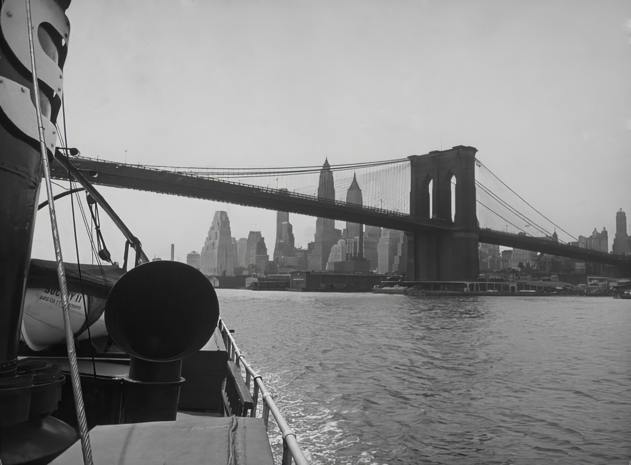 The Brooklyn Bridge and the Lower Manhattan skyline seen from the East River, 1937