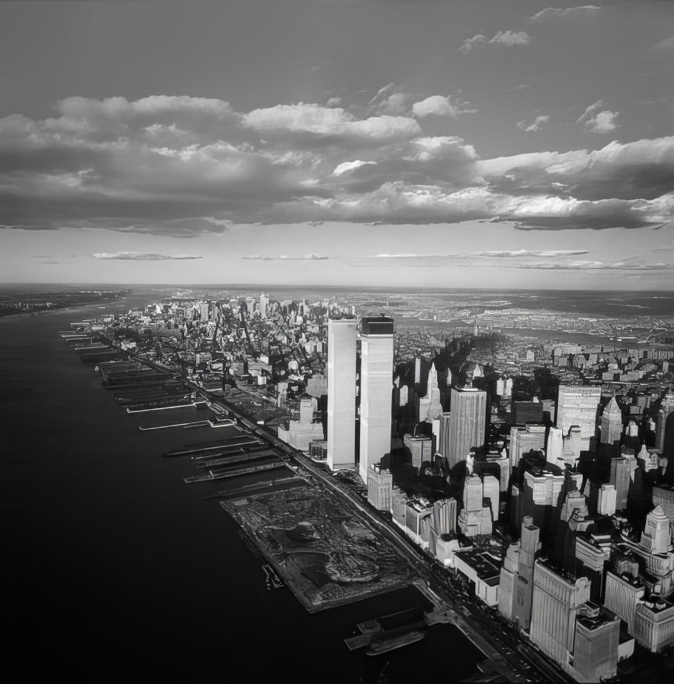 Aerial view of Manhattan with the new, nearly completed World Trade Center's Twin Towers dominating the southern rim of the island, 1971.