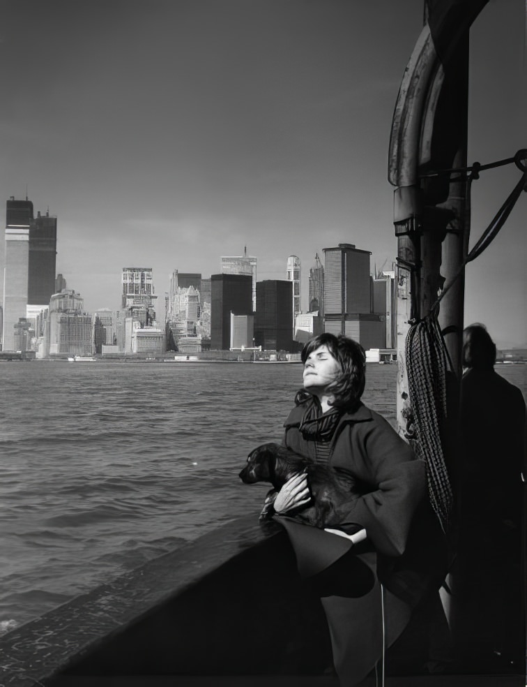 Aboard the Staten Island Ferry with the Twin Towers rising in the background, 1971