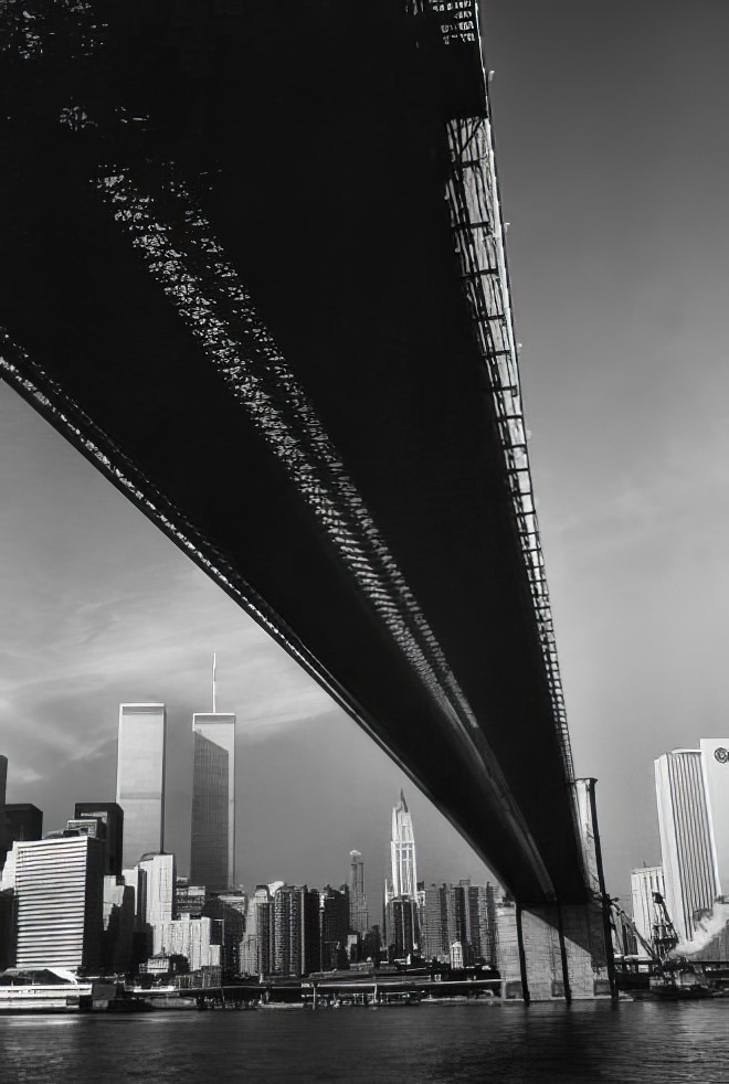 Alfred Eisenstaedt's 1983 portrait of the Twin Towers, taken from across the East River and beneath the Brooklyn Bridge