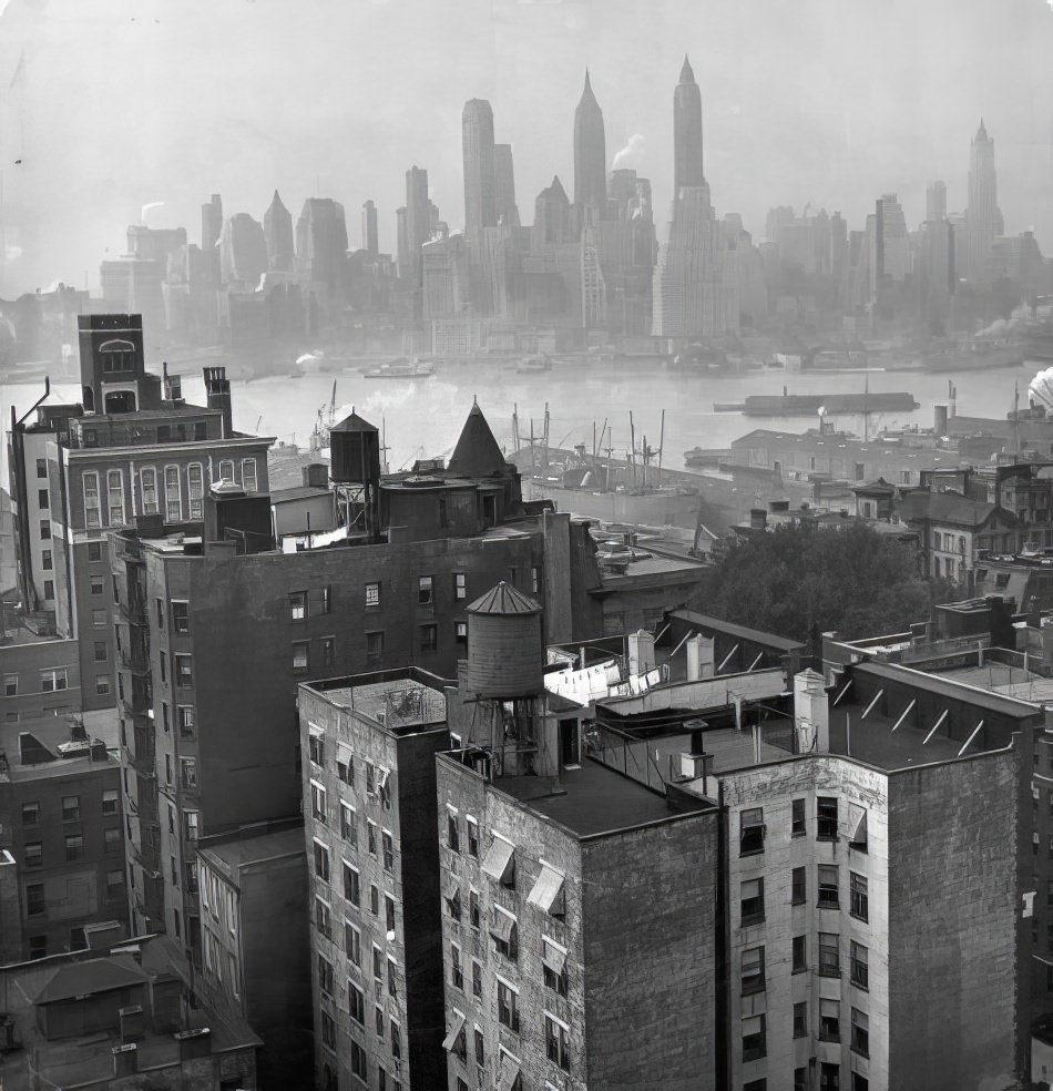 View of the Lower Manhattan skyline as seen from the roof of the Hotel Bossert ("the Waldorf-Astoria of Brooklyn") on Montague Street in Brooklyn, 1943