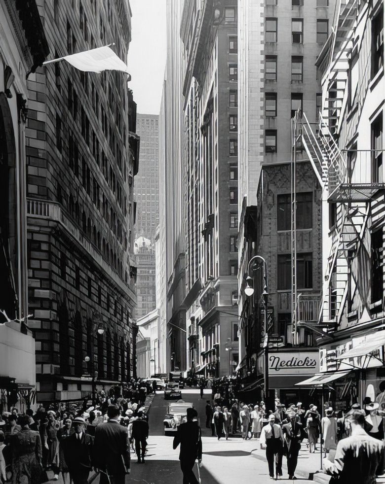 Pedestrians walk down Nassau Street past the Federal Reserve Building, 1944. The New York Stock Exchange can be glimpsed at the foot of the image.