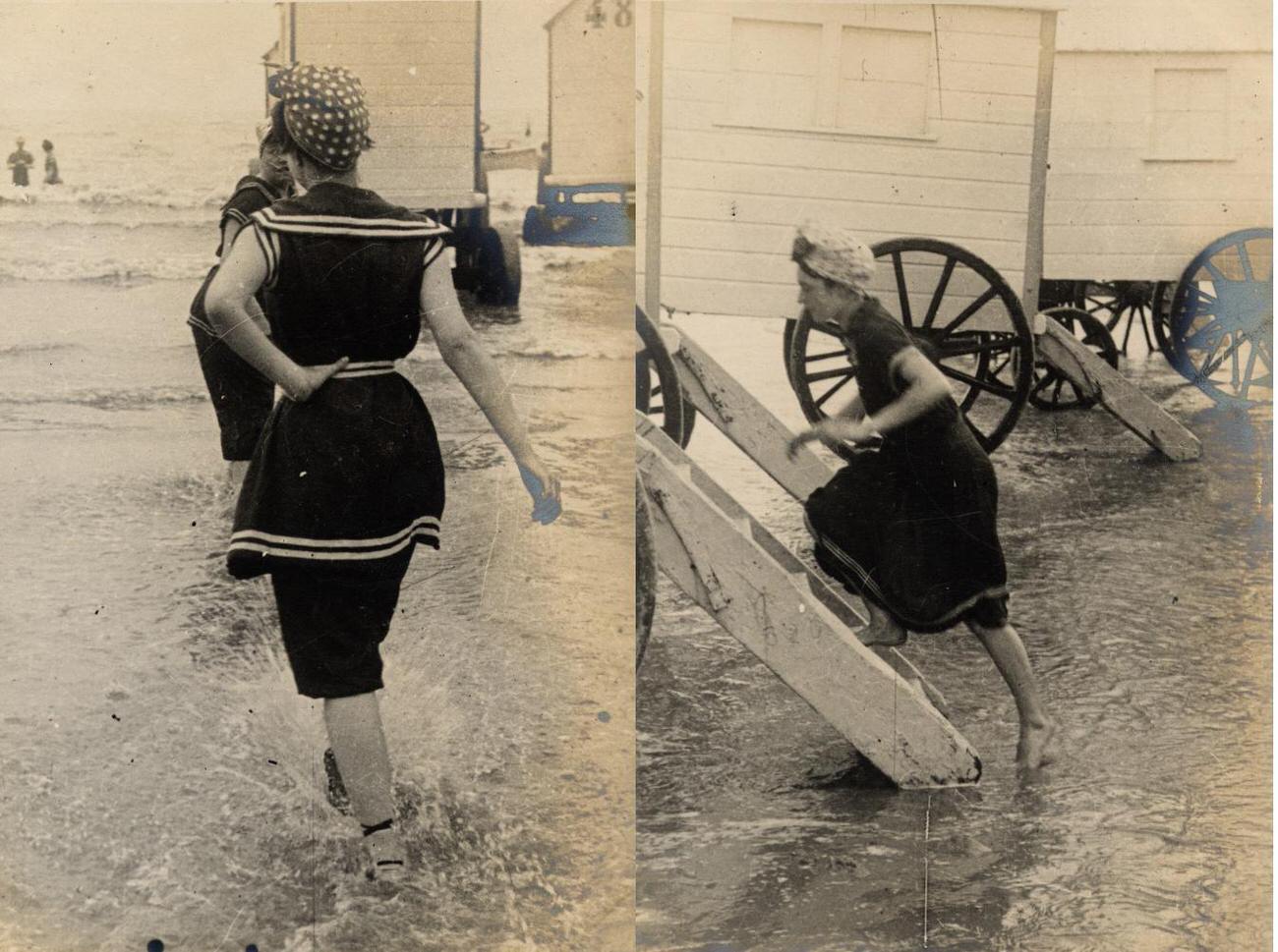 A group of women go bathing making use of that curious Victorian invention the bathing machine.