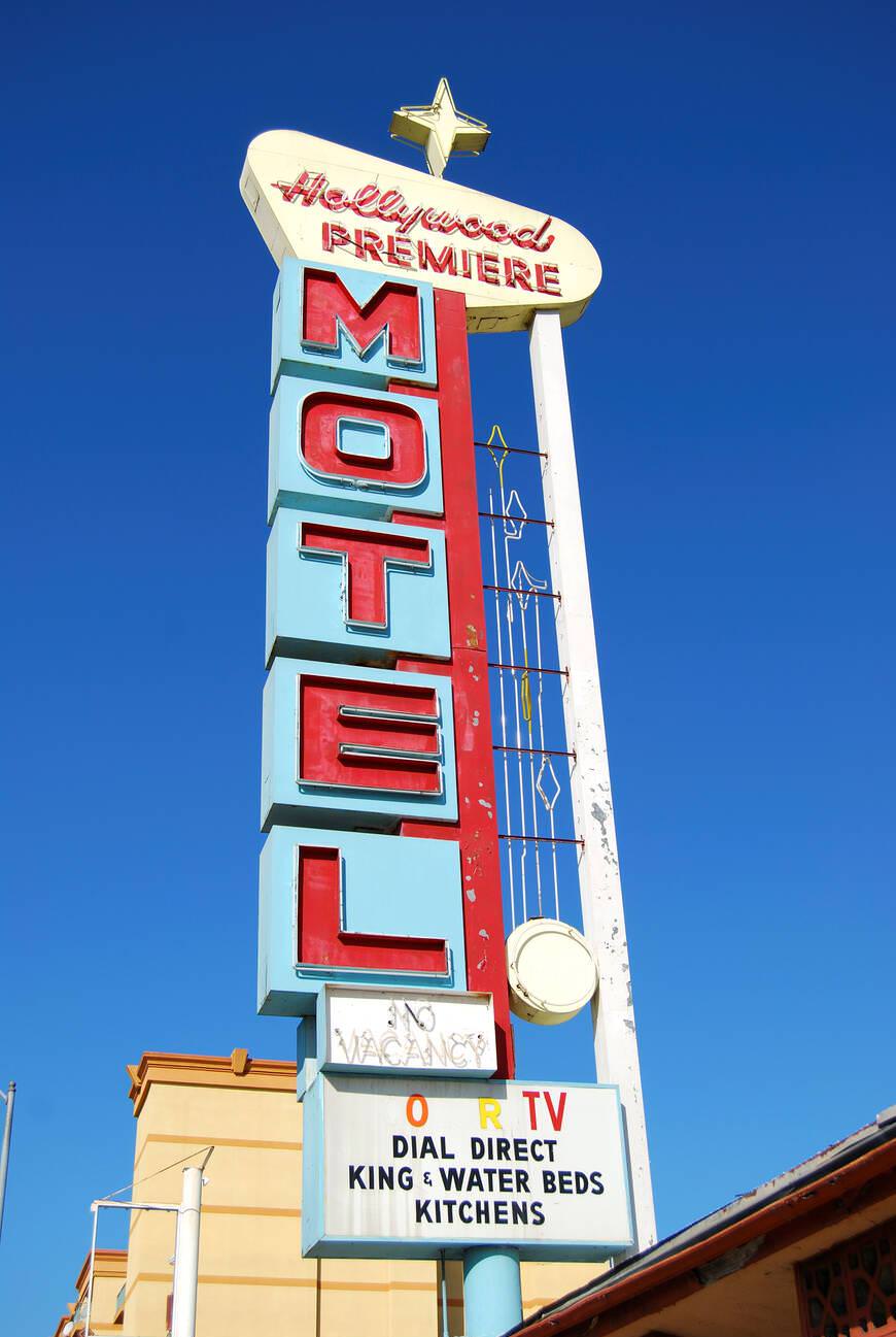 Hollywood Premiere Motel sign on Hollywood Boulevard, 1950s.