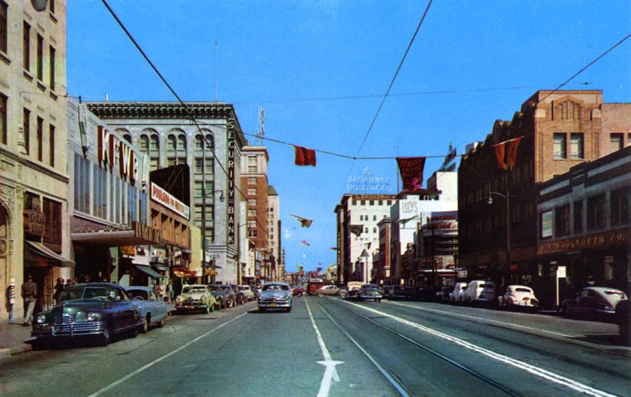 Looking east on Hollywood Boulevard in Hollywood, Los Angeles, California, 1953.