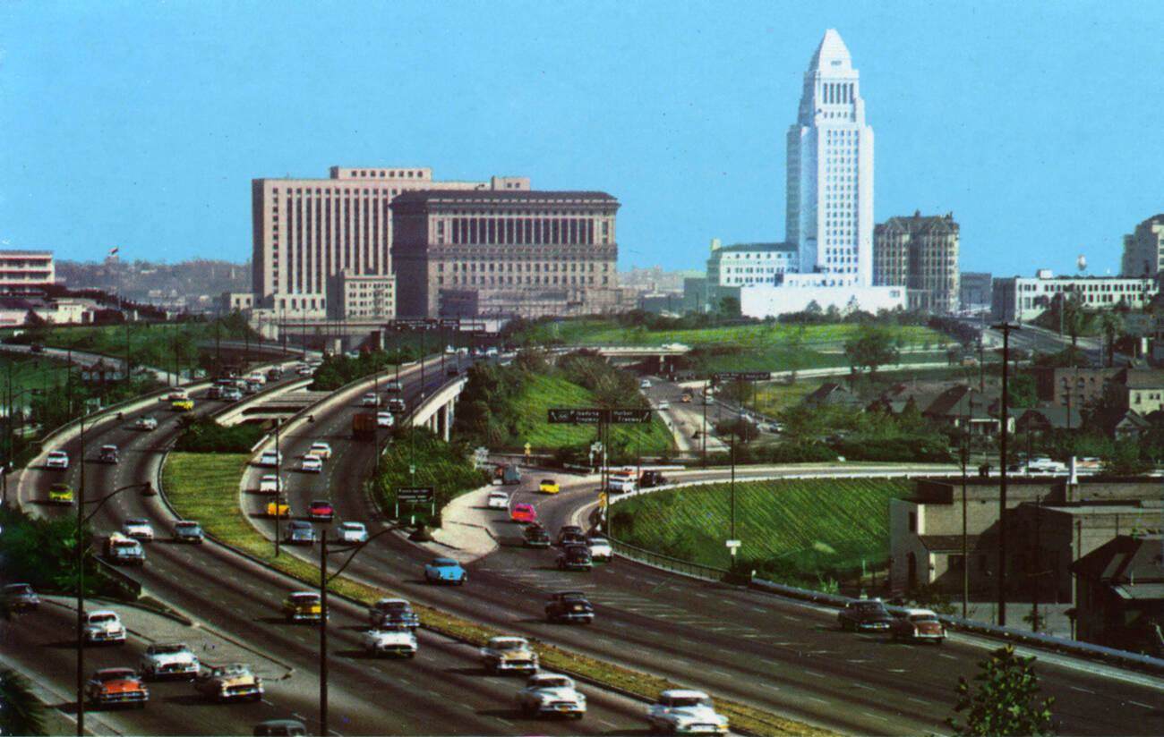 Hollywood Freeway in Los Angeles, California, 1970.