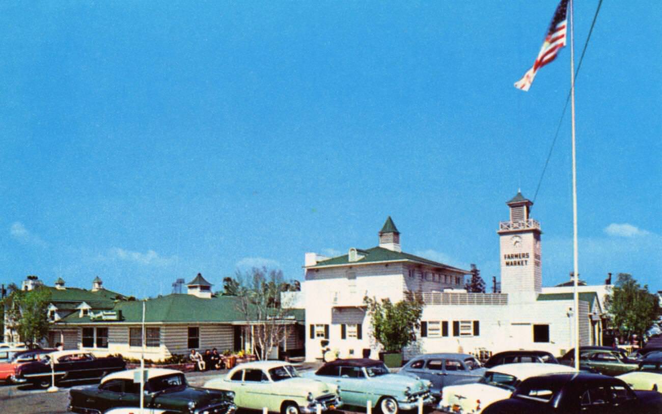 The original farmers' market in Hollywood, Los Angeles, California, 1955.