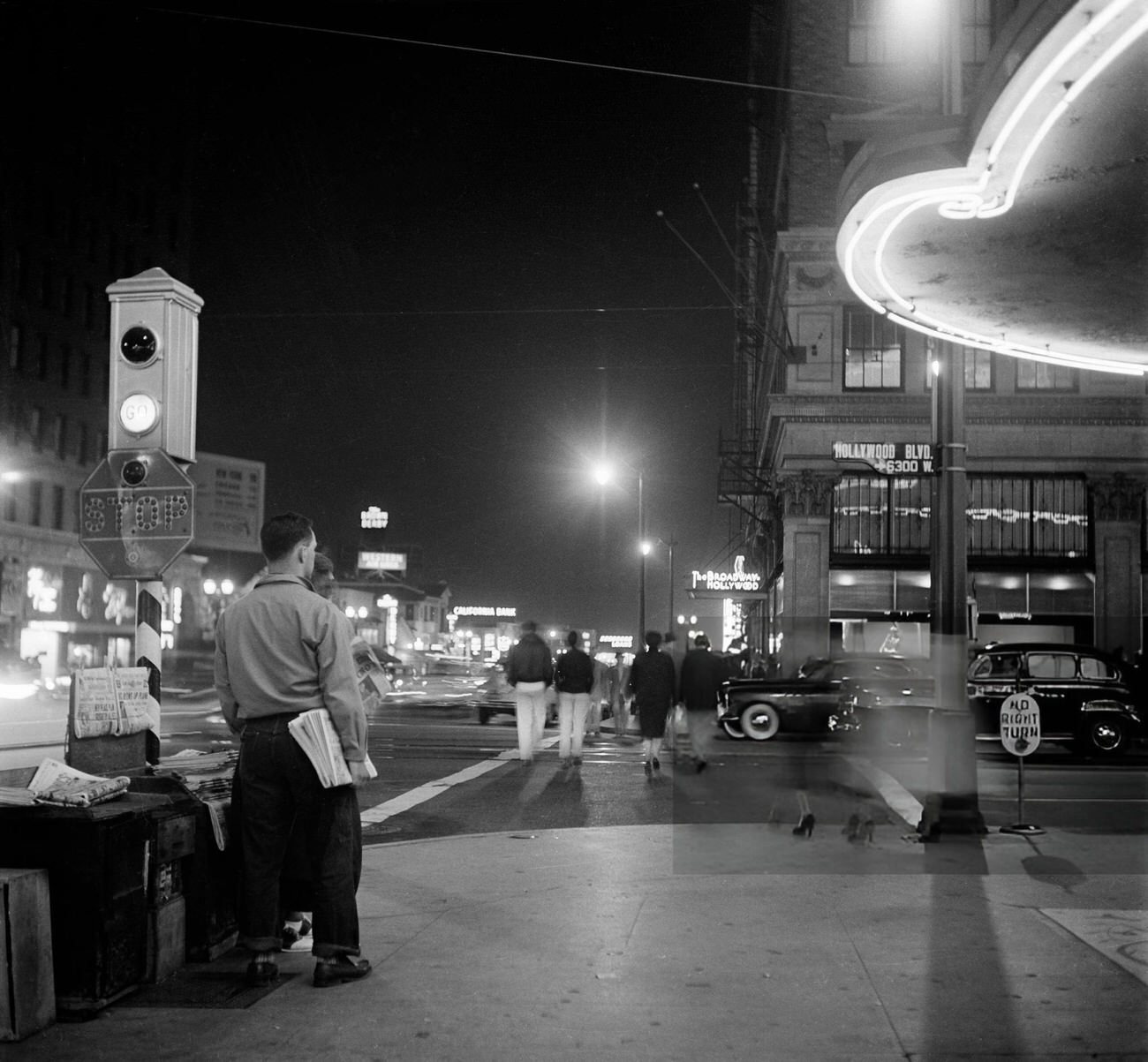 People walking along Hollywood Boulevard in Hollywood, California, 1951.