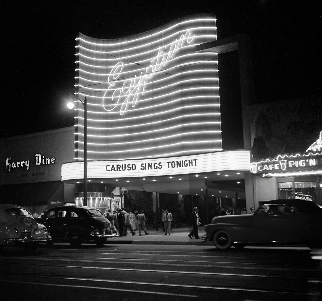 People walking past the Egyptian Theatre on Hollywood Boulevard in Hollywood, California, 1951.