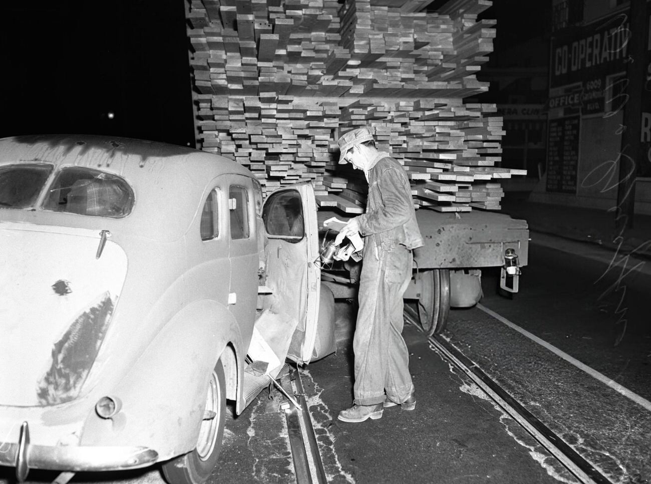 A train vs auto accident in Hollywood, California, 1951.