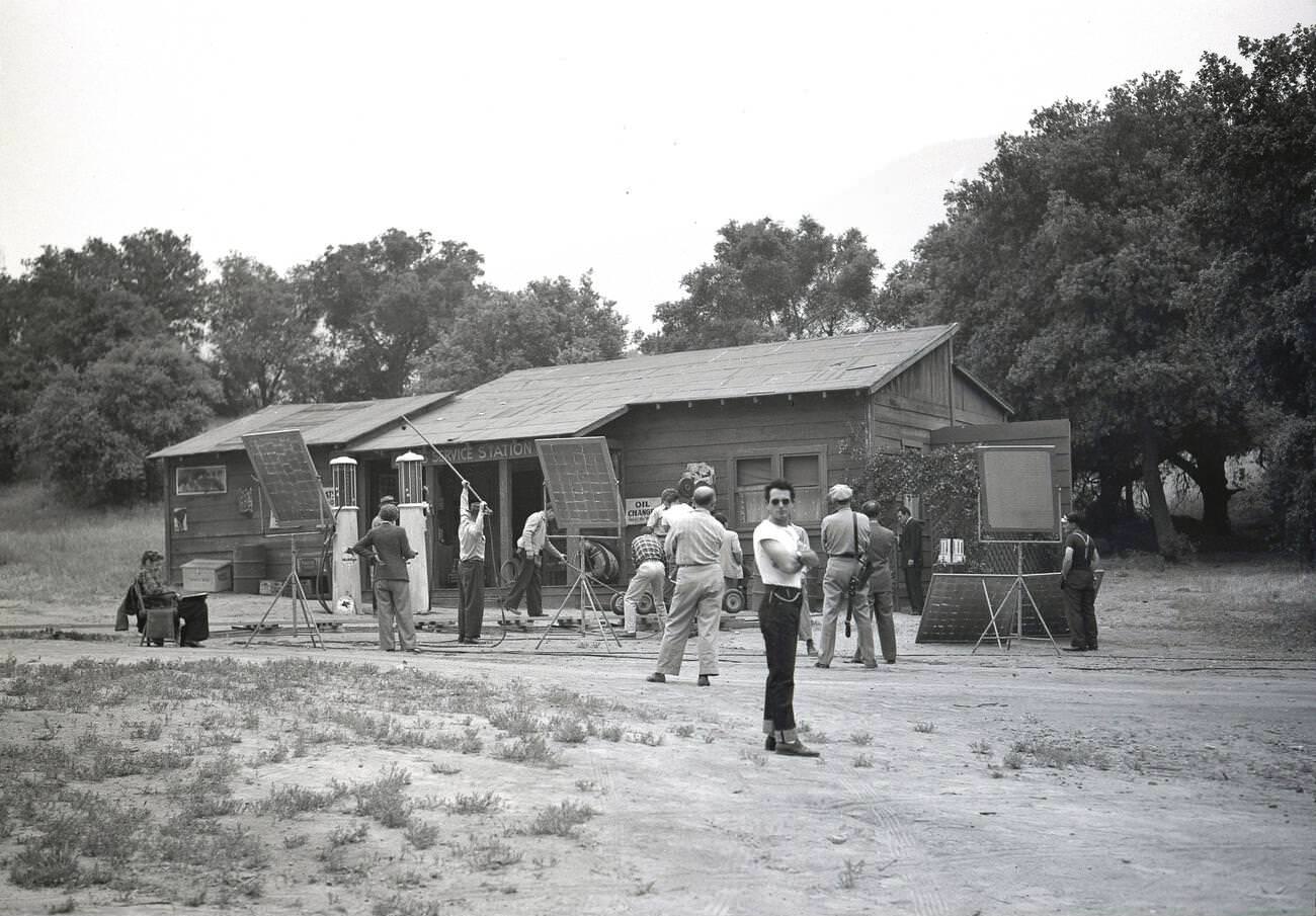 A Hollywood film set showing a small rural gas station, 1950s.