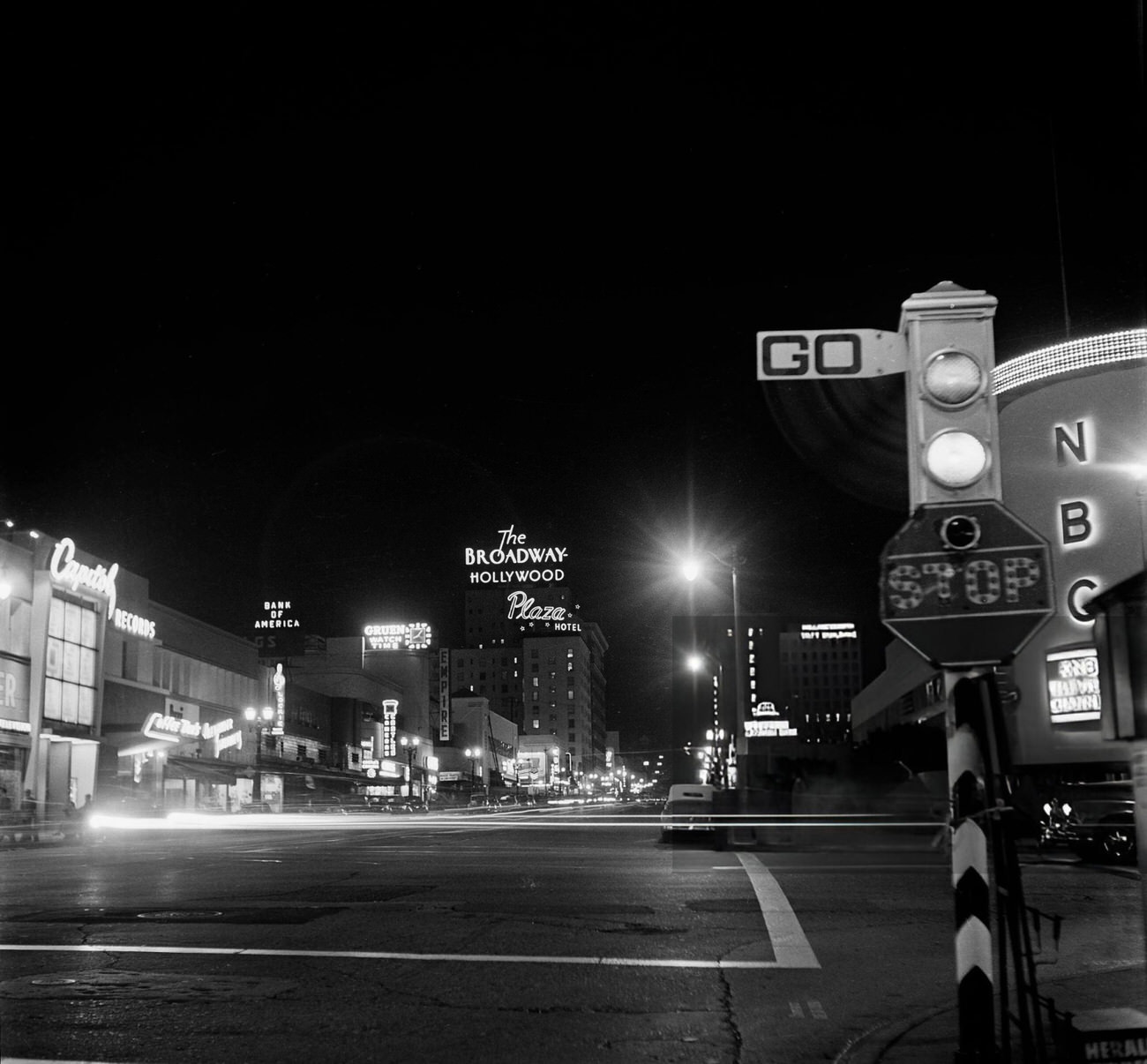 A street scene along Hollywood Boulevard in Hollywood, California, 1950s.