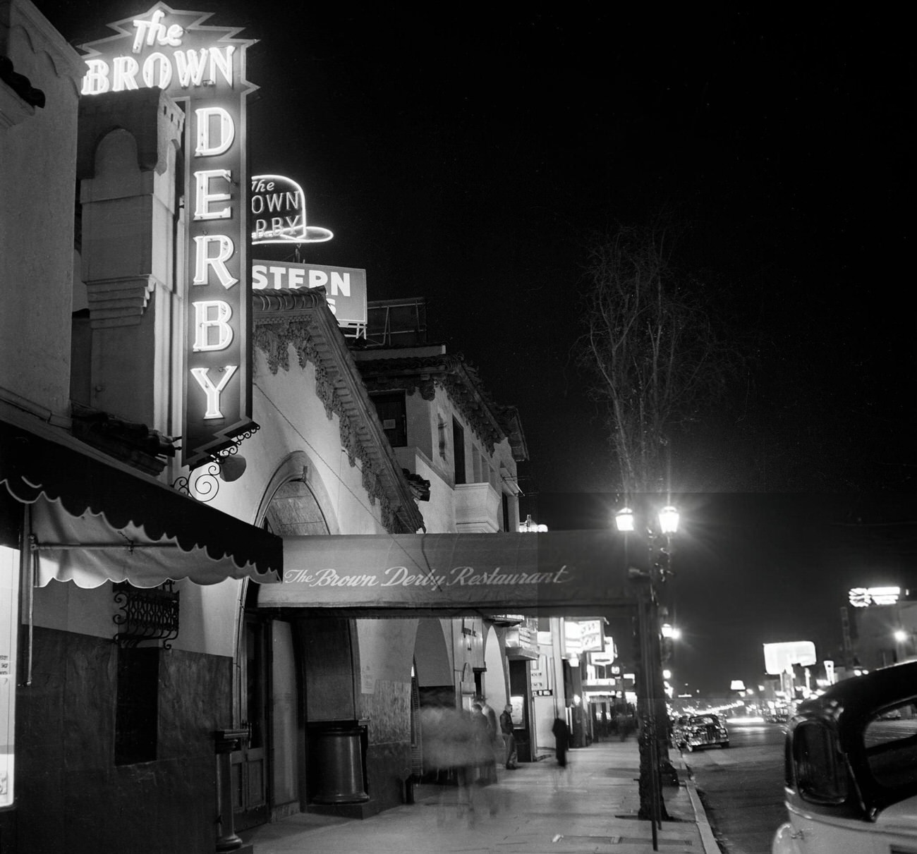 The Brown Derby on Hollywood Boulevard in Hollywood, California, 1950s.