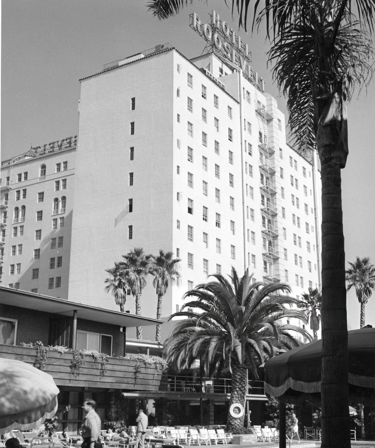 The Hotel Roosevelt on Hollywood Boulevard in Hollywood, California, 1950s.