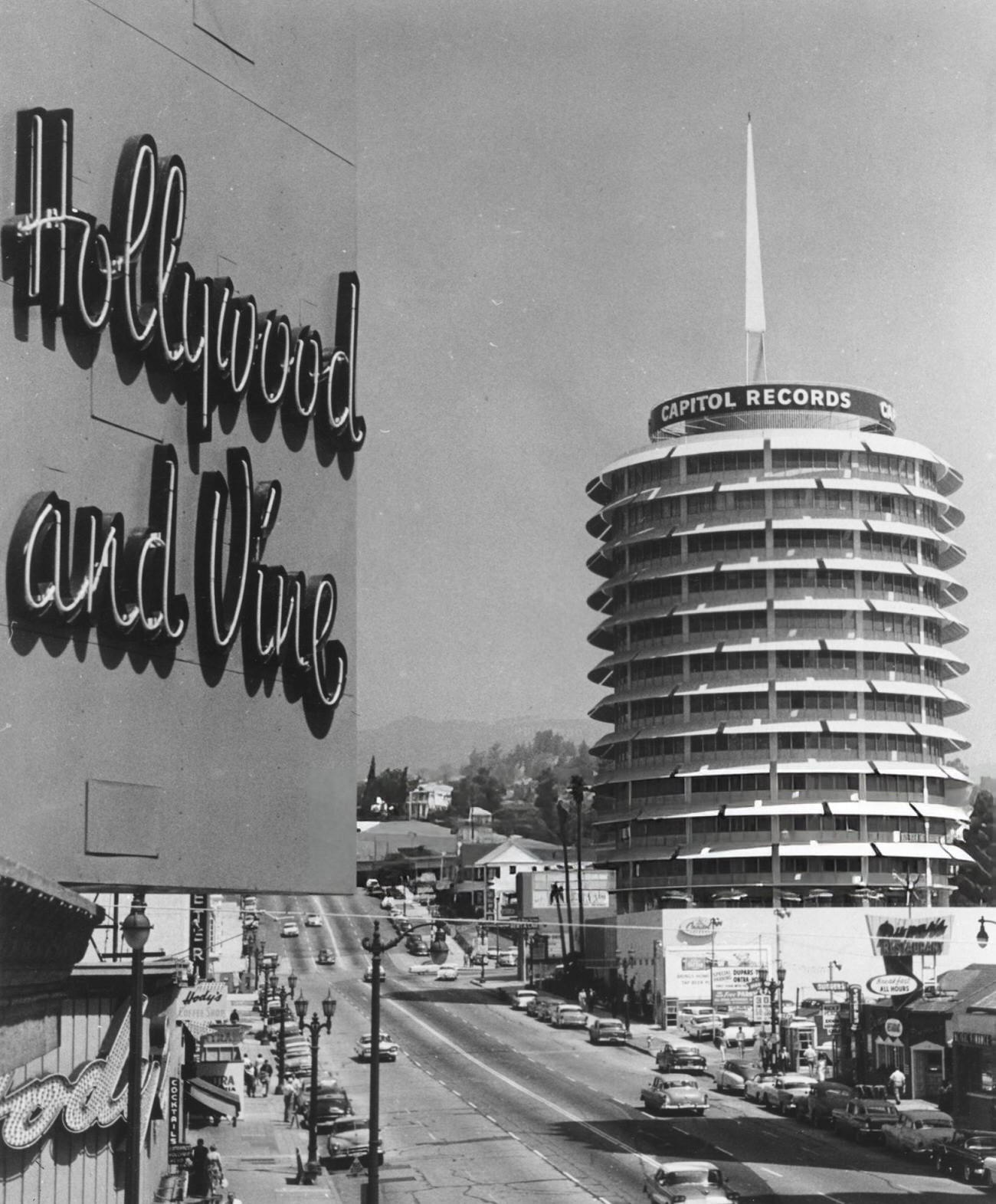 Hollywood & Vine sign with the Capitol Records Building, 1957.