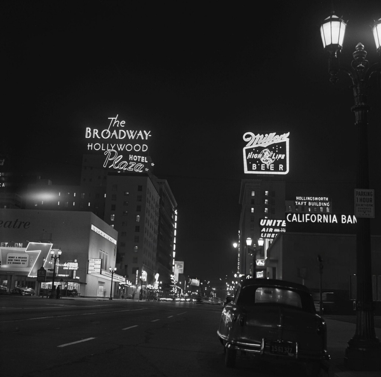 Illuminated signs on Hollywood Boulevard in Hollywood, California, 1950