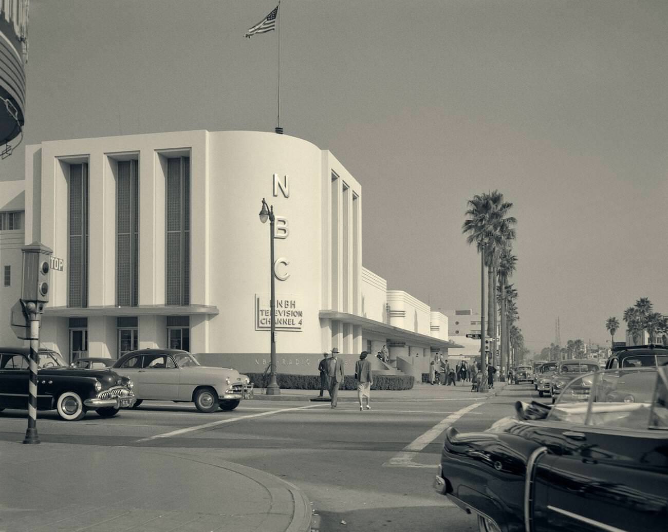 The NBC building at Sunset and Vine in Hollywood, California, 1950s.