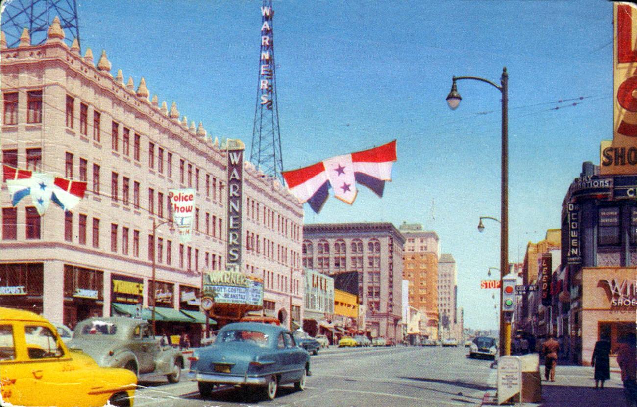 Hollywood Blvd. & Wilcox 1950s. Featuring the Warners Building - now the Pacific Building