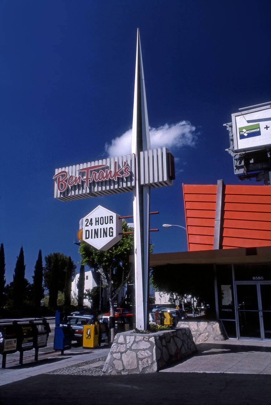 Space-age sign for Ben Frank's coffee shop on Sunset Strip in West Hollywood, 1960s.