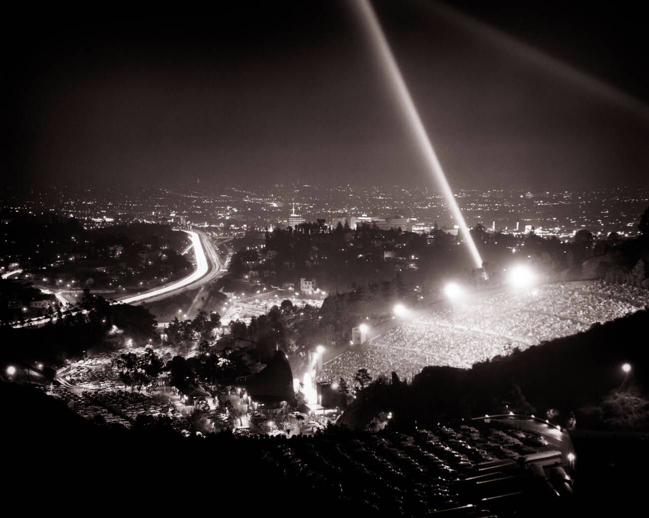 The Hollywood Bowl with searchlight fanfare during a premier, 1960s.