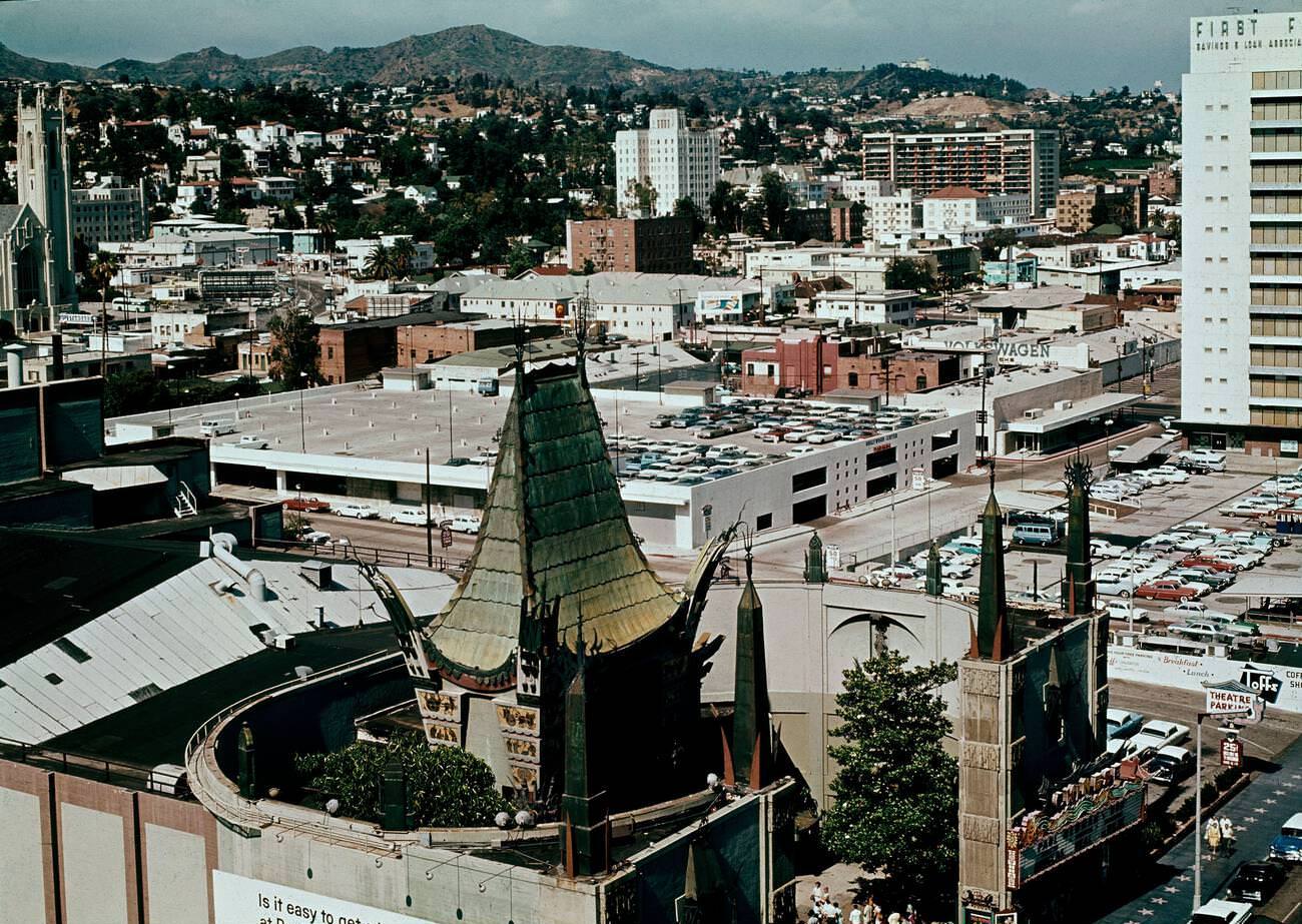 Panoramic view of the Chinese Theatre in Hollywood, 1960s.