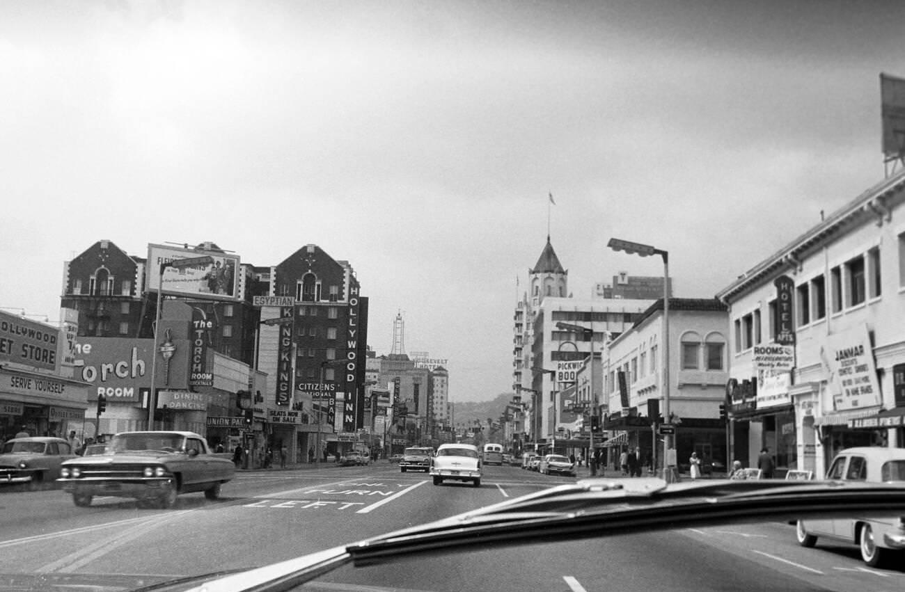 Hollywood Boulevard photographed from a moving car, 1962.