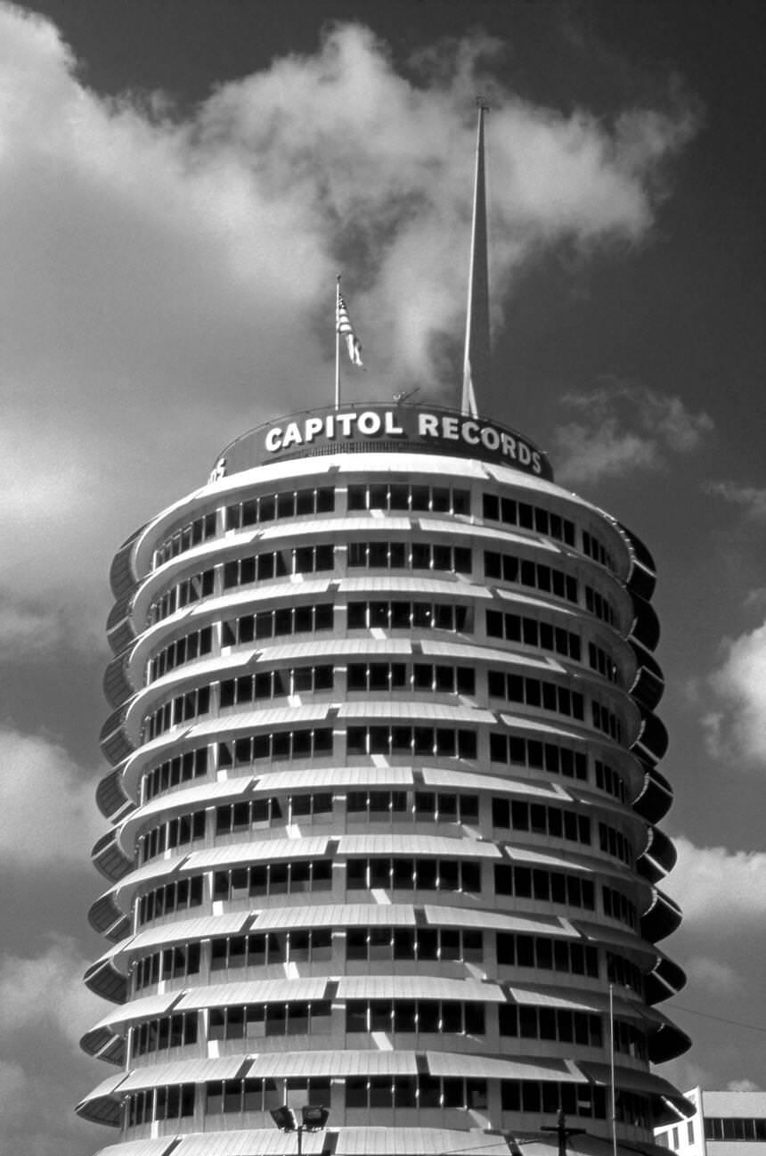 The Capitol Records building in Hollywood, California, 1960s.