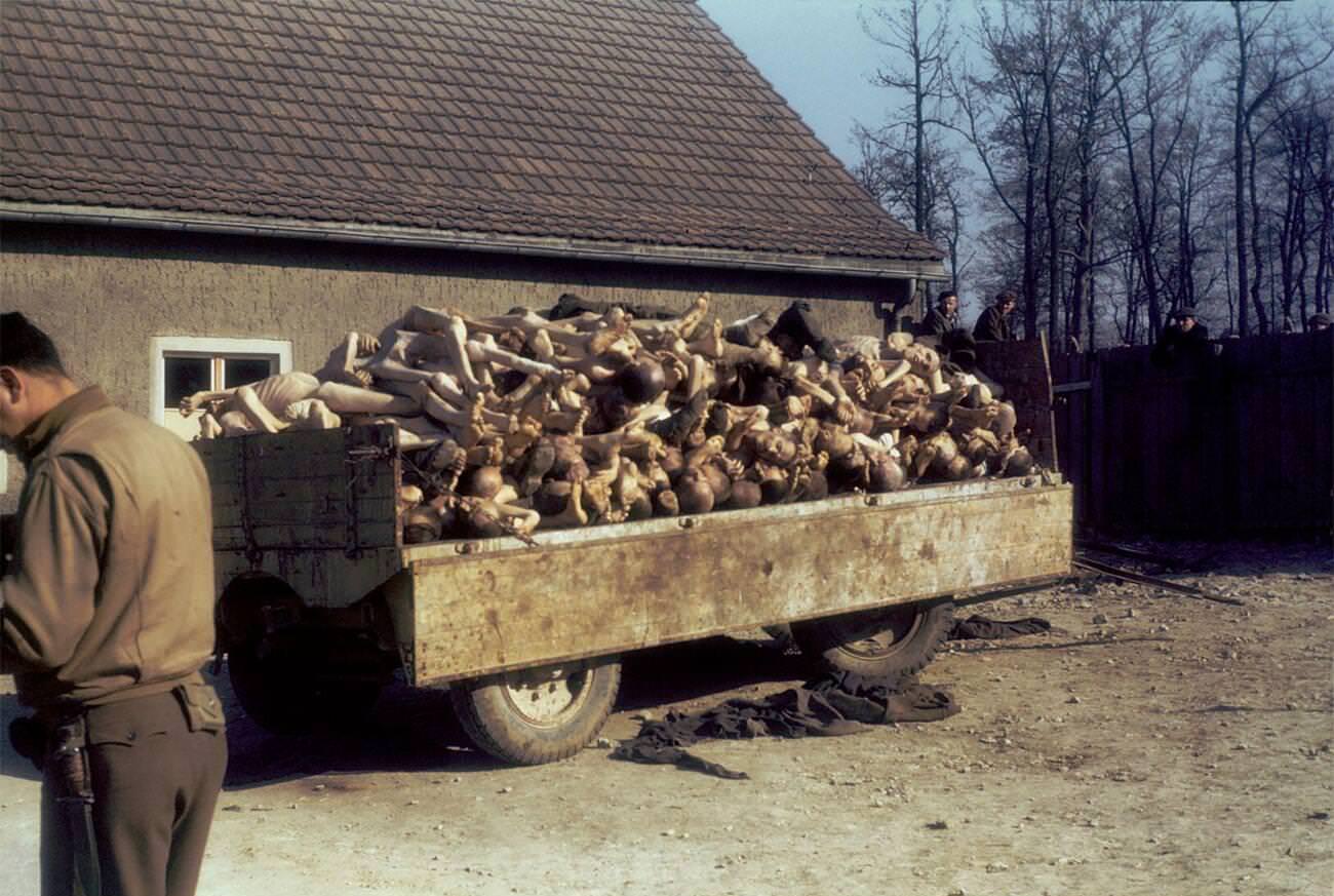 An American soldier stands near a wagon loaded with corpses outside the crematorium of the Buchenwald concentration camp, 1945.