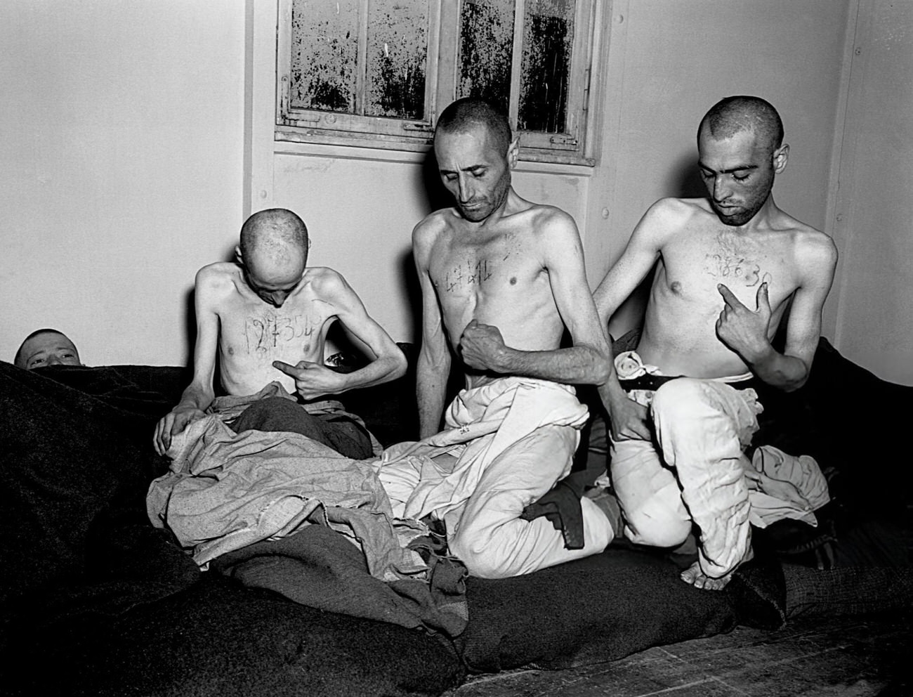 Liberated prisoners from the camp at Buchenwald point to the numbered tattoos they received at the camp, 1945.