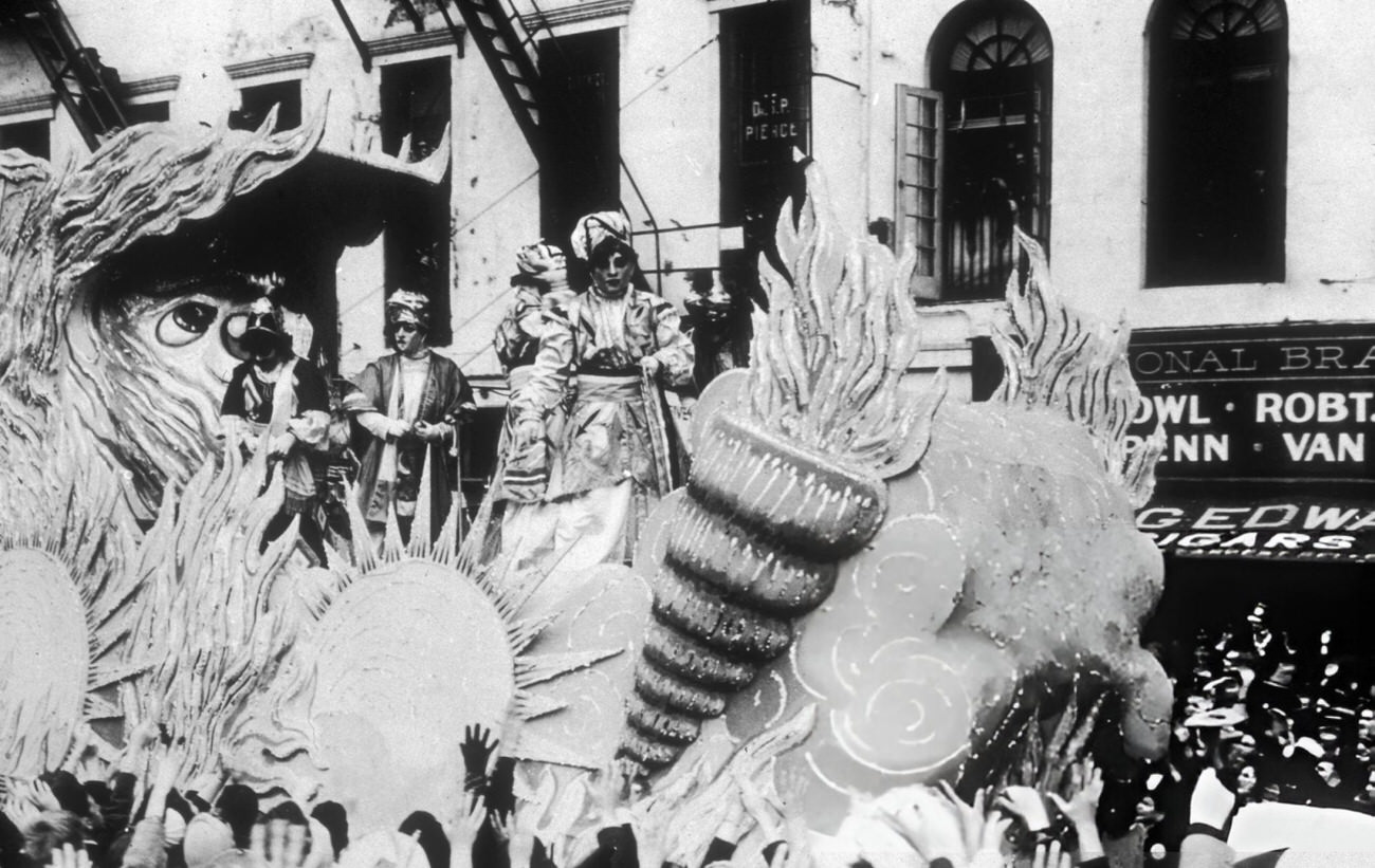 People in Costumes Give Away Prizes to the Crowd During a Mardi Gras Parade in New Orleans, 1940s.