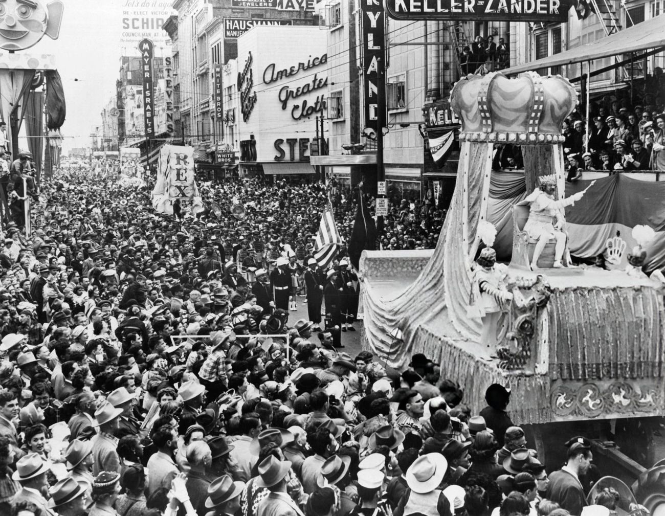 A View of Floats Traveling Down Canal Street for Mardi Gras in New Orleans, 1950s.